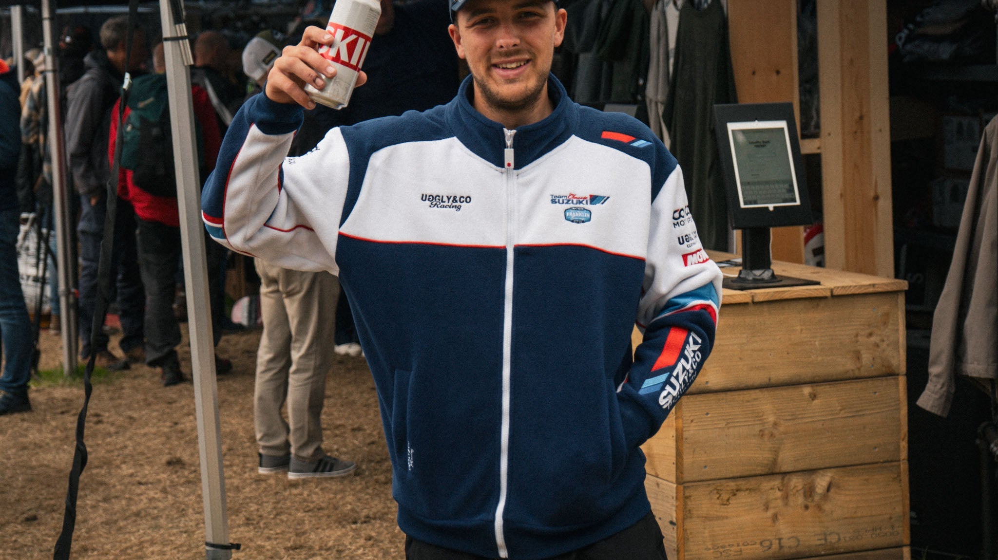 motorsport fan wearing team classic Suzuki fleece