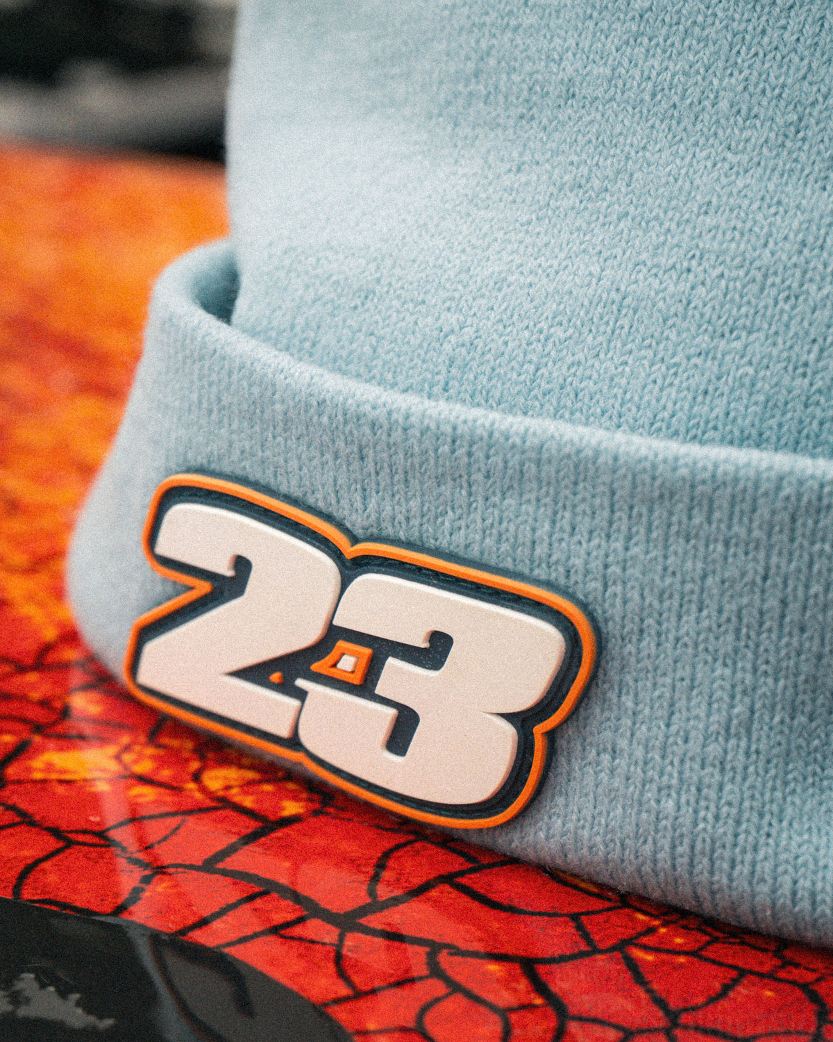 close up shot showing the 23 detail on retro beanie inspired by Marcus Simpson