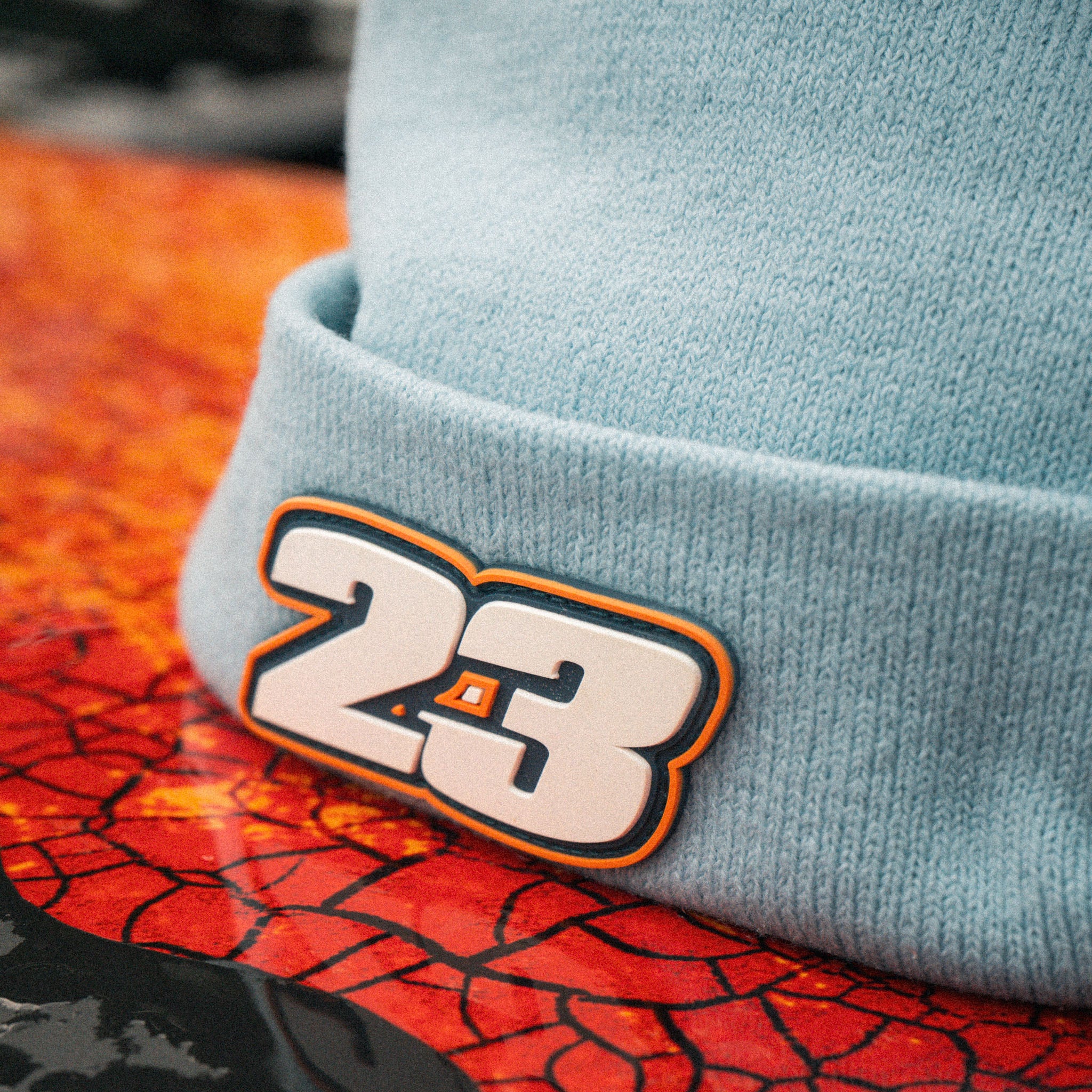 close up shot showing the 23 detail on retro beanie inspired by Marcus Simpson