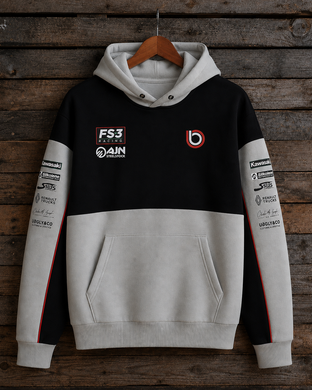 Front view of the Bimota FS3 Racing hoodie in black and grey with team sponsor detailing