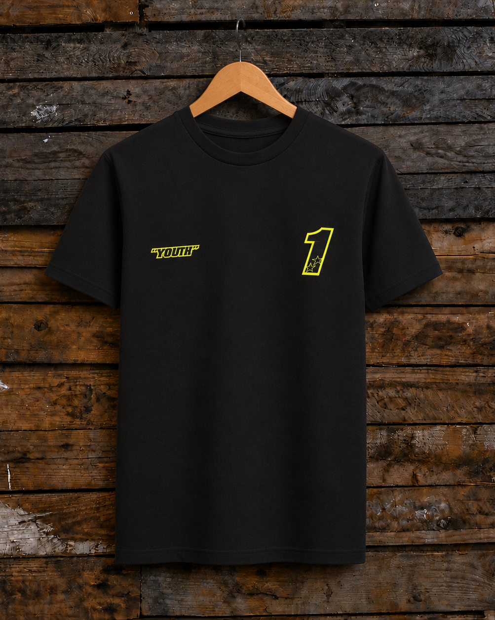 Front view of a Kyle Ryde Core #1 black t-shirt showcasing a bold number one graphic and the word 'Youth' on the chest