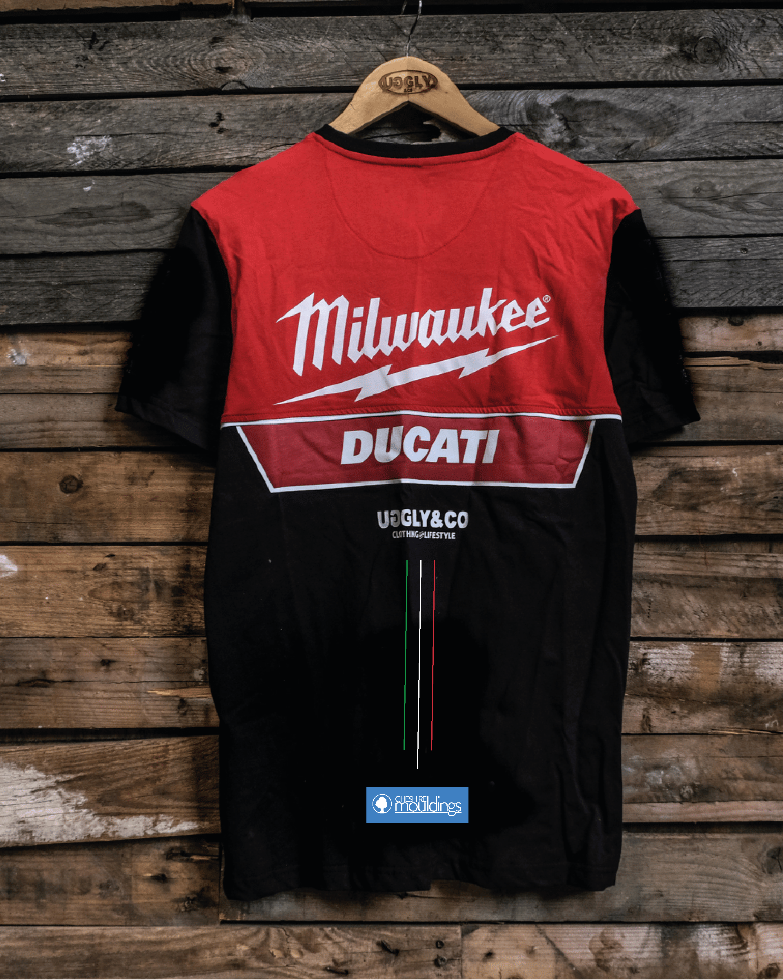 A Milwaukee Tools x DUCATI team-wear t-shirt with a black and red color scheme, featuring the Milwaukee logo on the front.