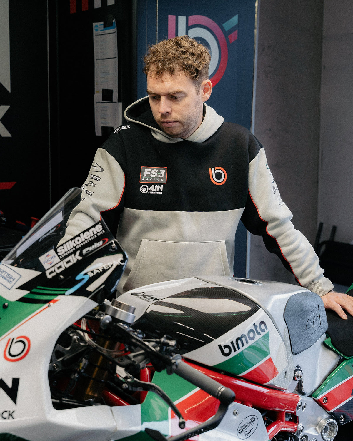 Bimota FS-3 British Superbike team hoodie worn on the race grid