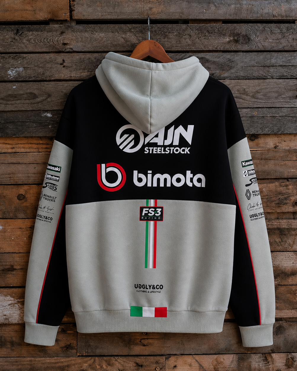Bimota Motorcycles Hoodie with branding on a wooden background