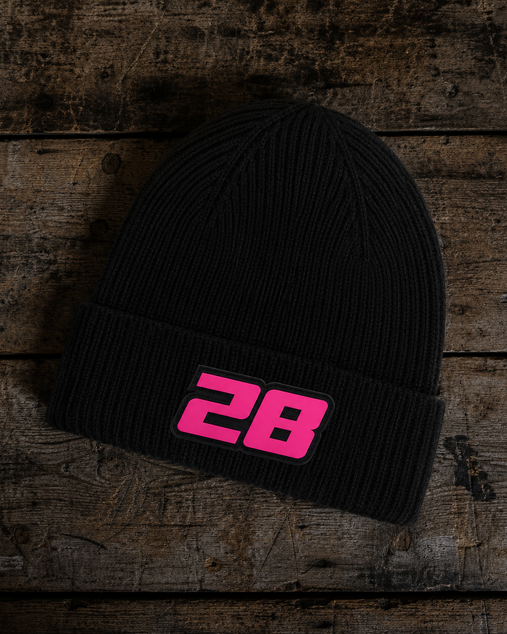 black and pink beanie with race inspired numbers, brad ray signature