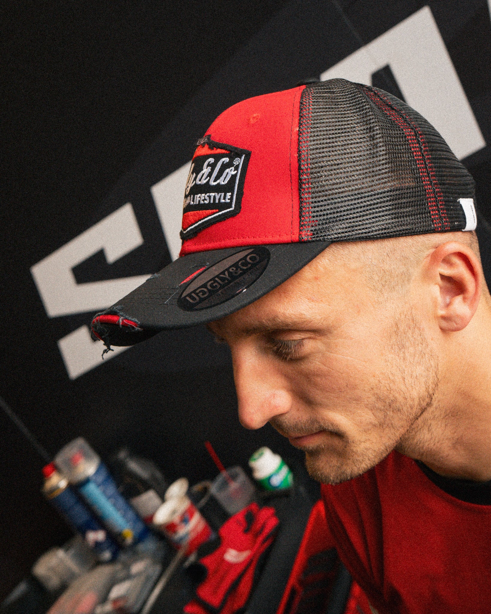 Black and red Retro Diamond motorsport inspired cap