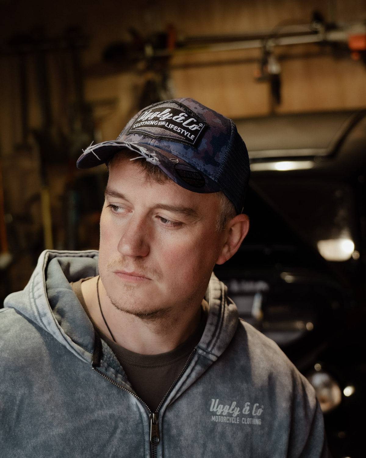 Uggly & Co Blue Camo Diamond Trucker Hat with curved peak