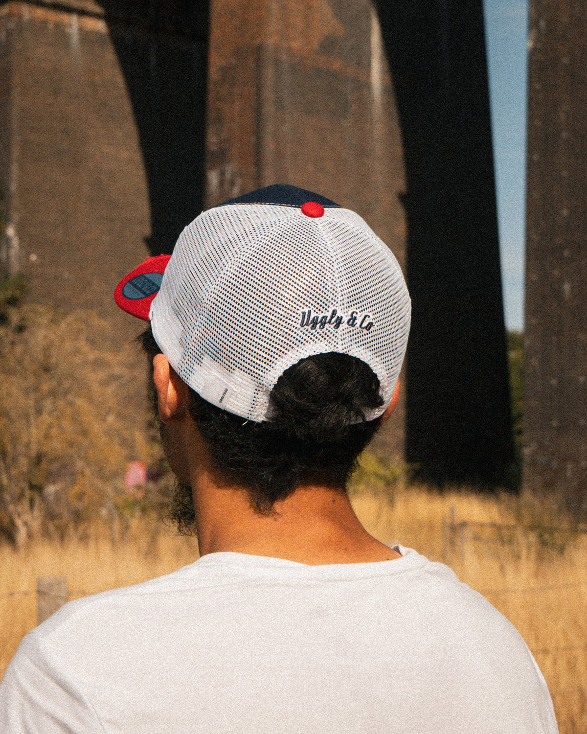 Close up detail of the Blue and Red Diamond Trucker Hat