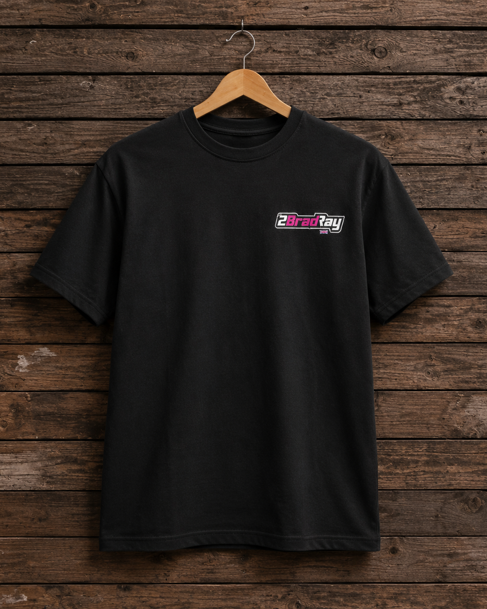Front view of the Brad Ray Power Wheelie T-Shirt featuring a bold motorcycle racing graphic.