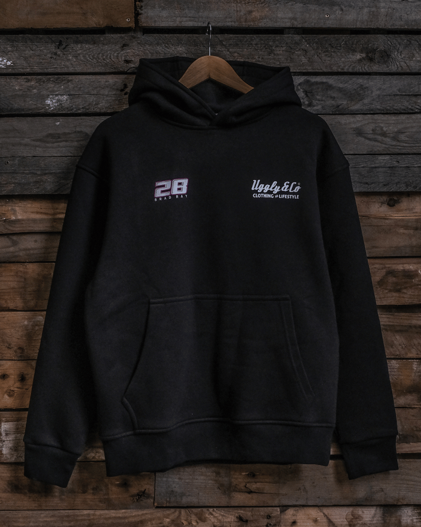 Black hoodie with logos on a wooden background