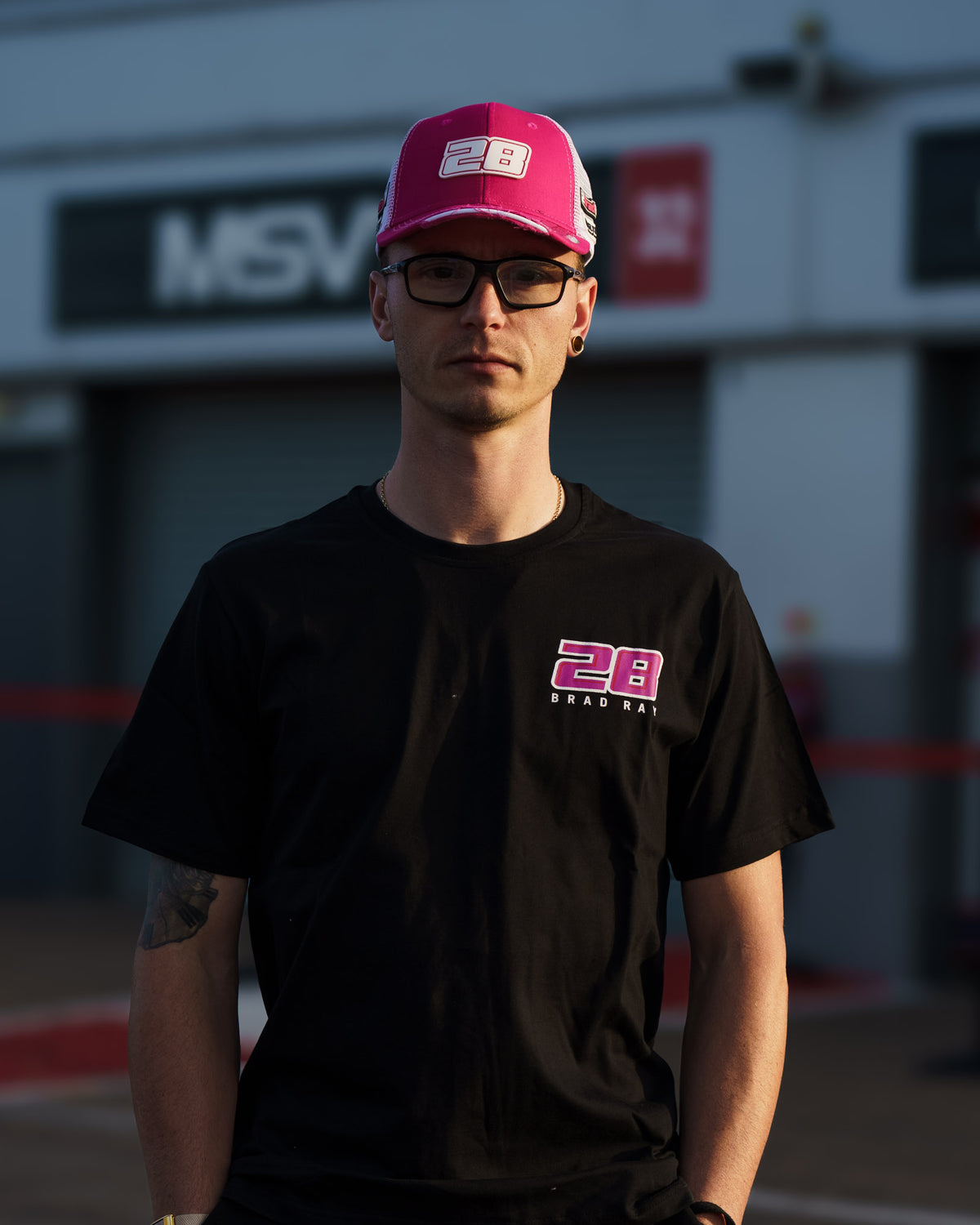 Bradley Ray Speed Blur T-Shirt in a McAMS Yamaha inspired motorcycle lifestyle setting