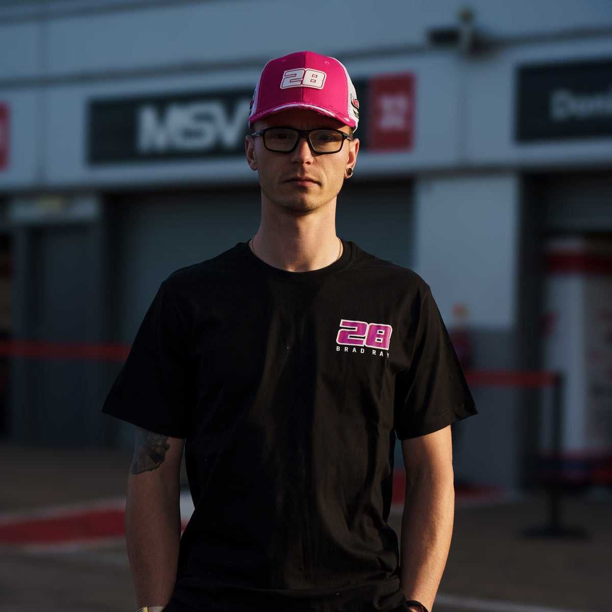 Bradley Ray Speed Blur T-Shirt in a McAMS Yamaha inspired motorcycle lifestyle setting