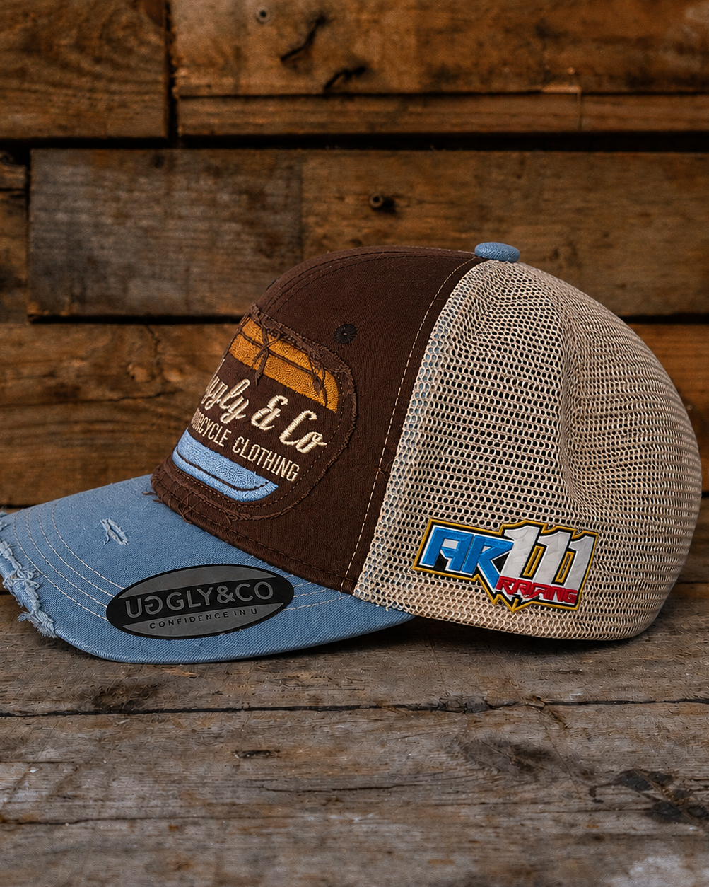 brown and blue race inspired cap taken from the side