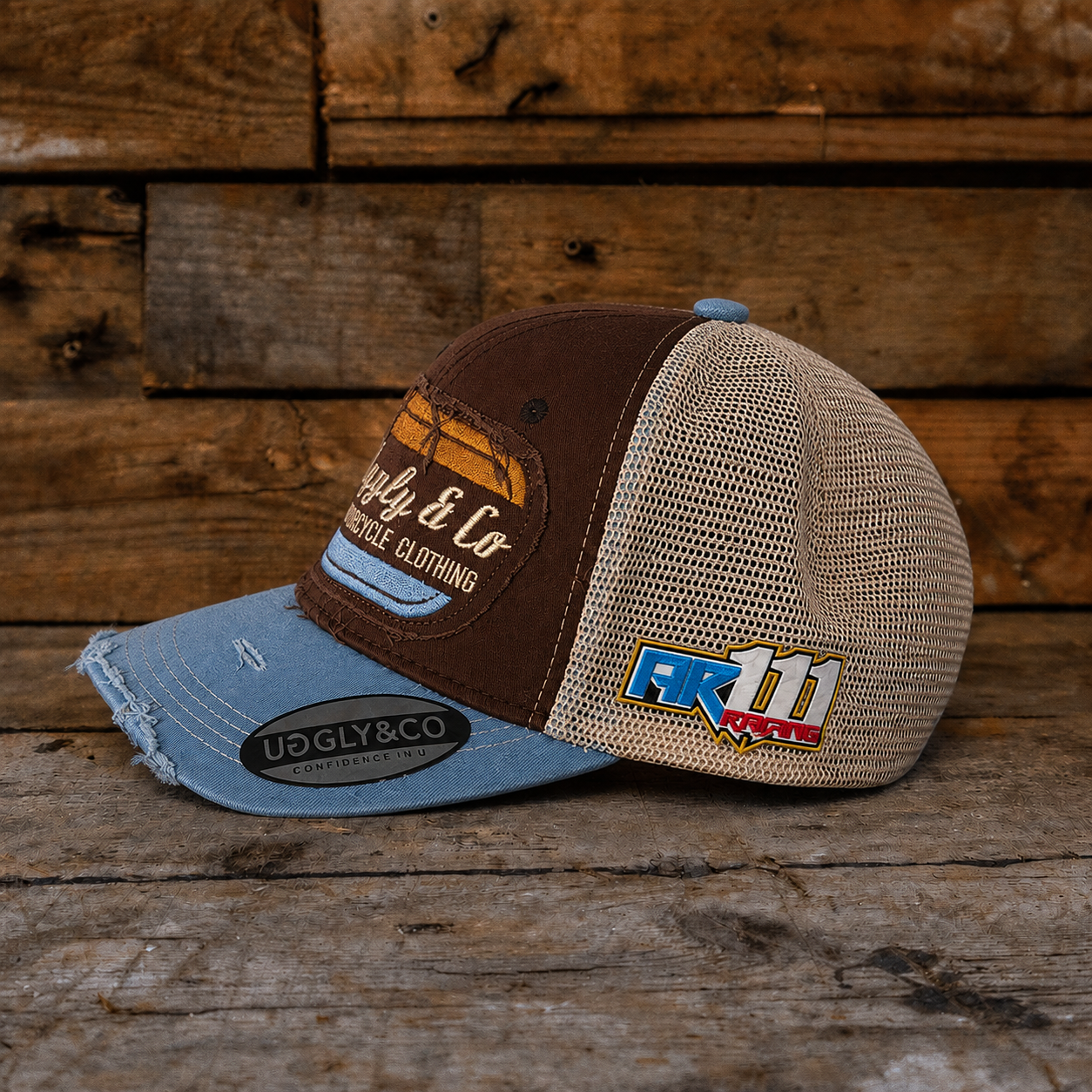 brown and blue race inspired cap taken from the side