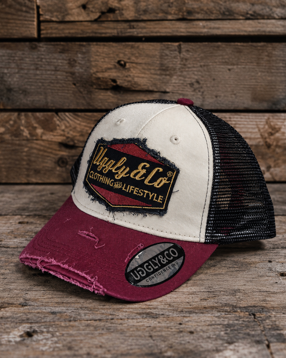 Burgundy, beige and gold Diamond trucker cap by Uggly & Co, front view with curved peak
