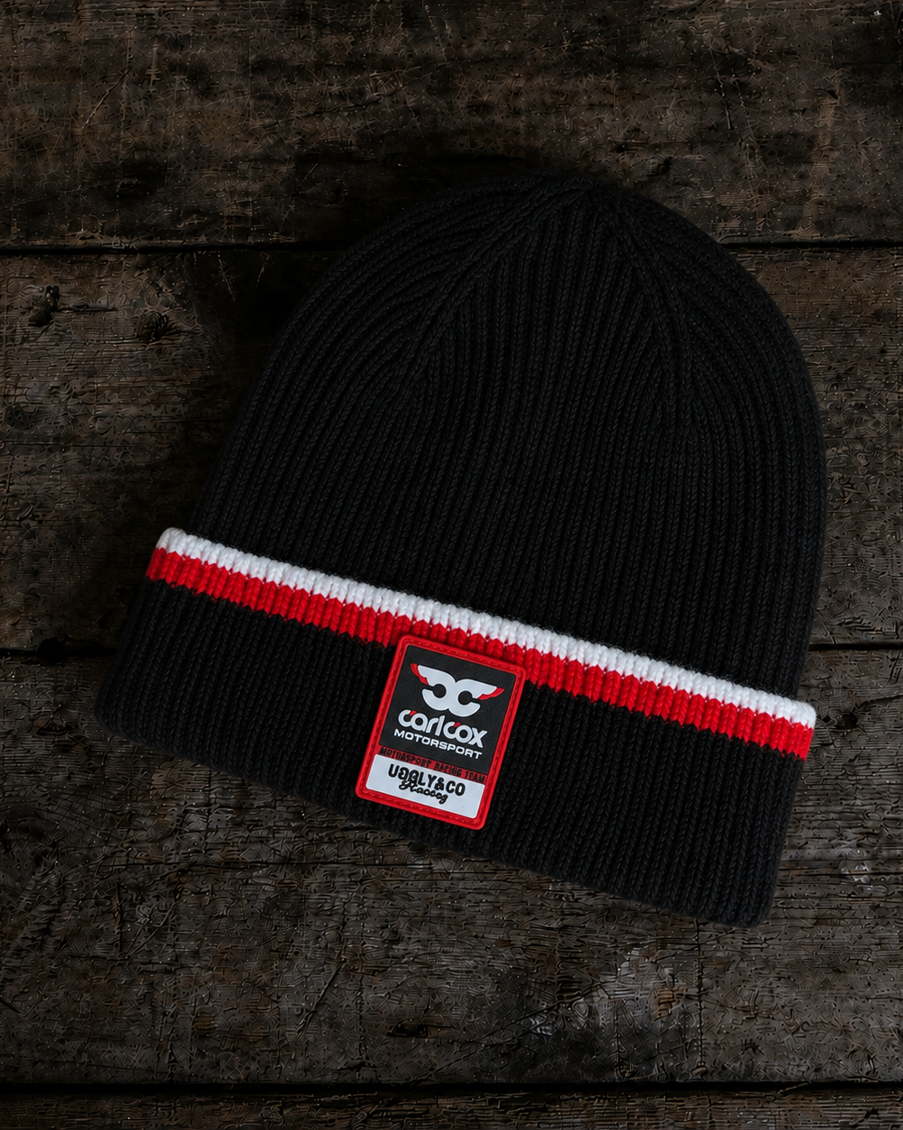 carl cox motorsport uggly&co racing collab beanie, black and red beanie