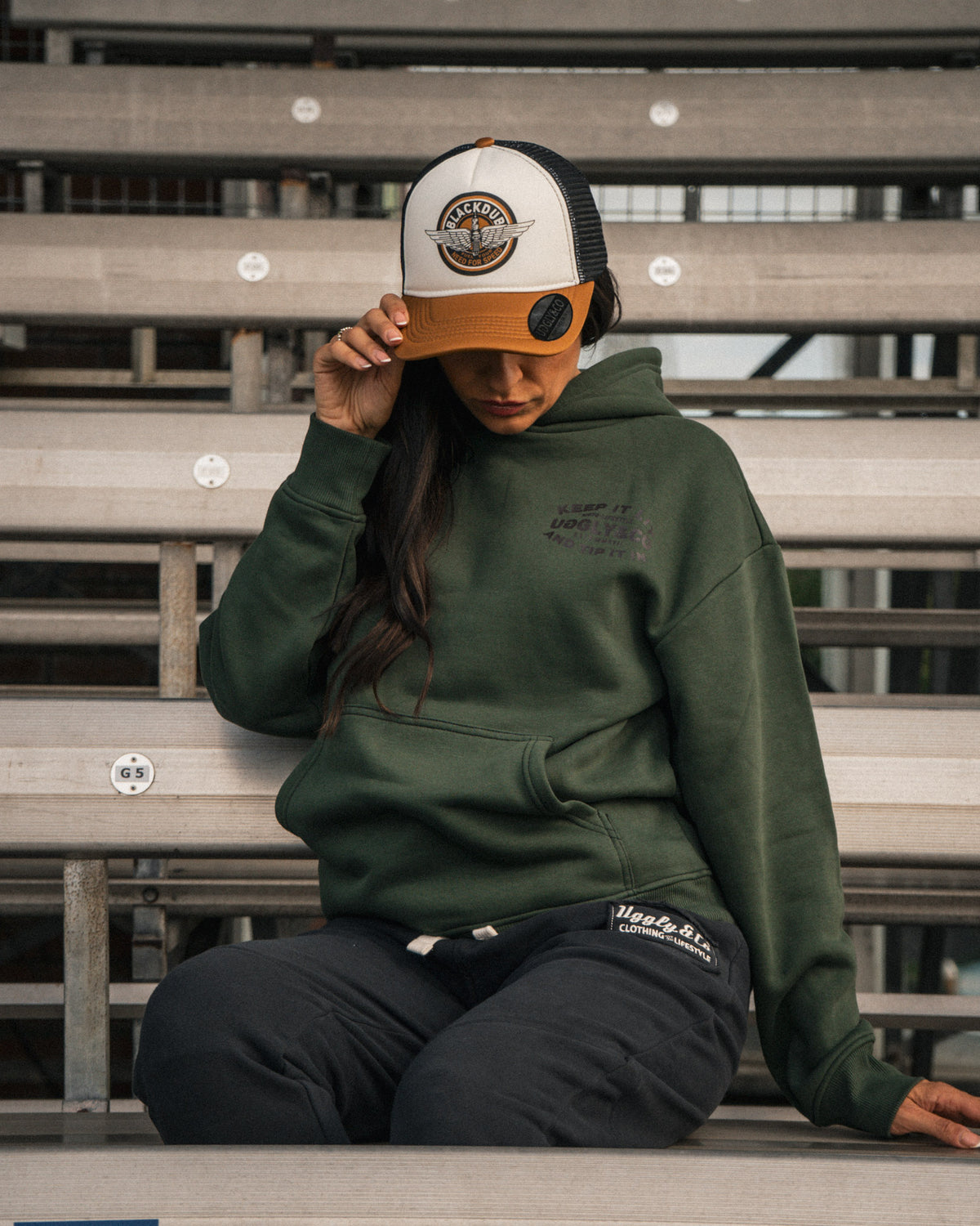 Female model styling the Vintage Asphalt Black Heavyweight Joggers