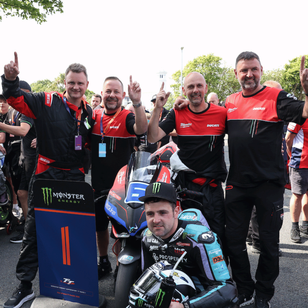 Team Milwaukee Tools x Ducati celebrating at the Isle of Man TT