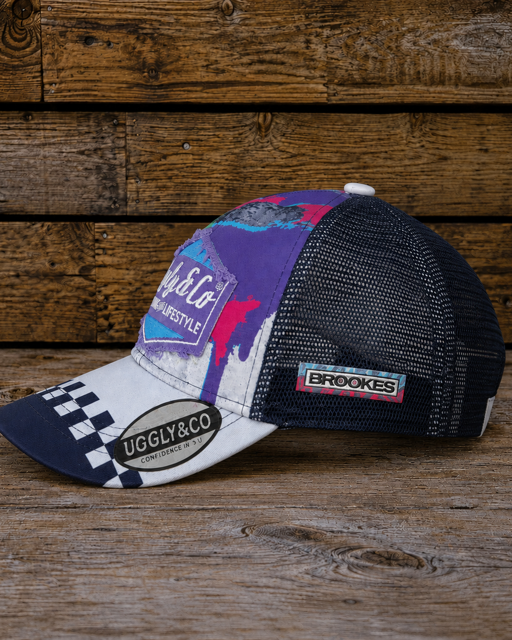 Side view of the Josh Brooks 80s Vintage Motocross Diamond Cap showing the mesh back, Brookes side patch and retro race-inspired colours.