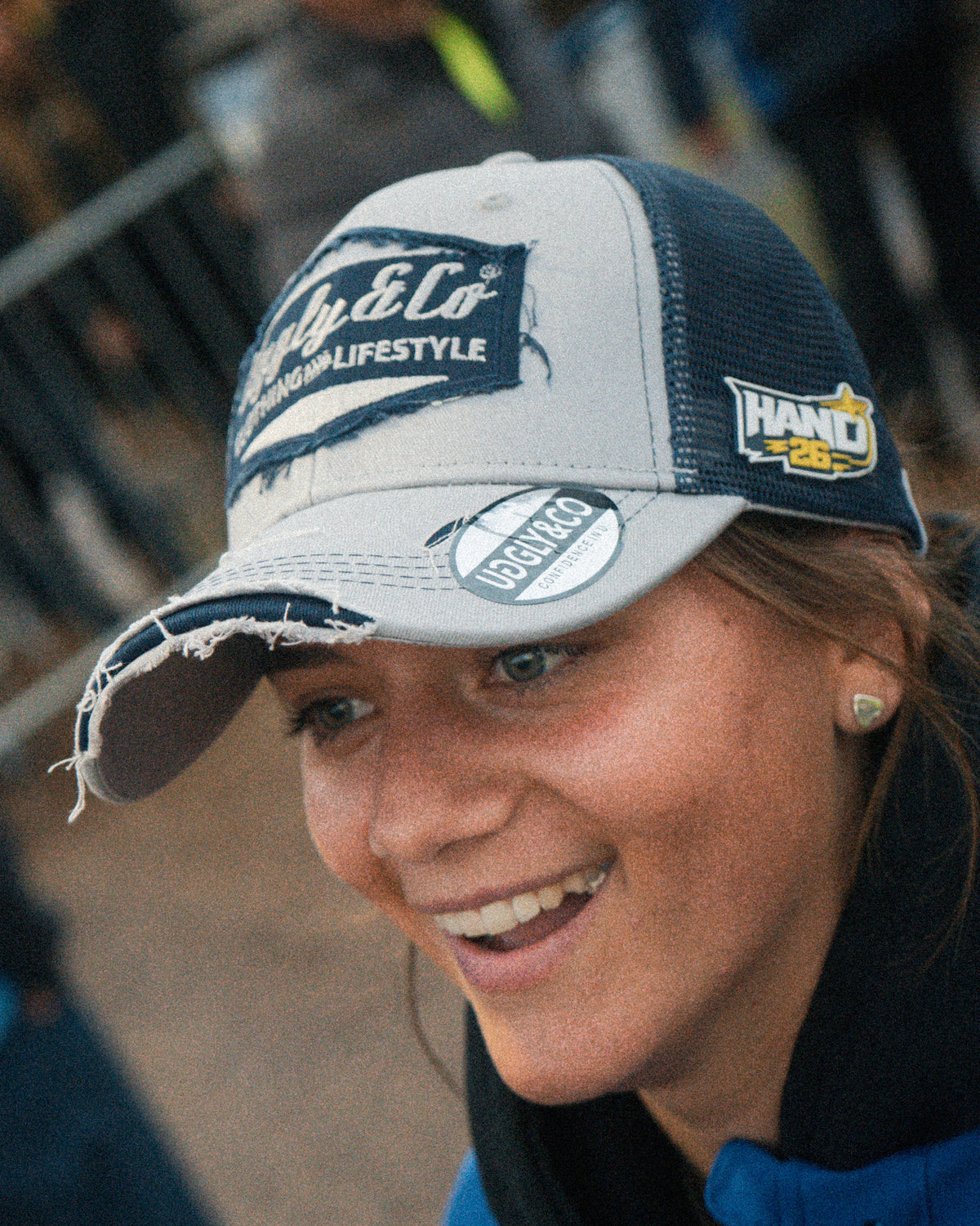 Motorcycle rider Katie Hand wearing her signature Uggly&Co Diamond Cap