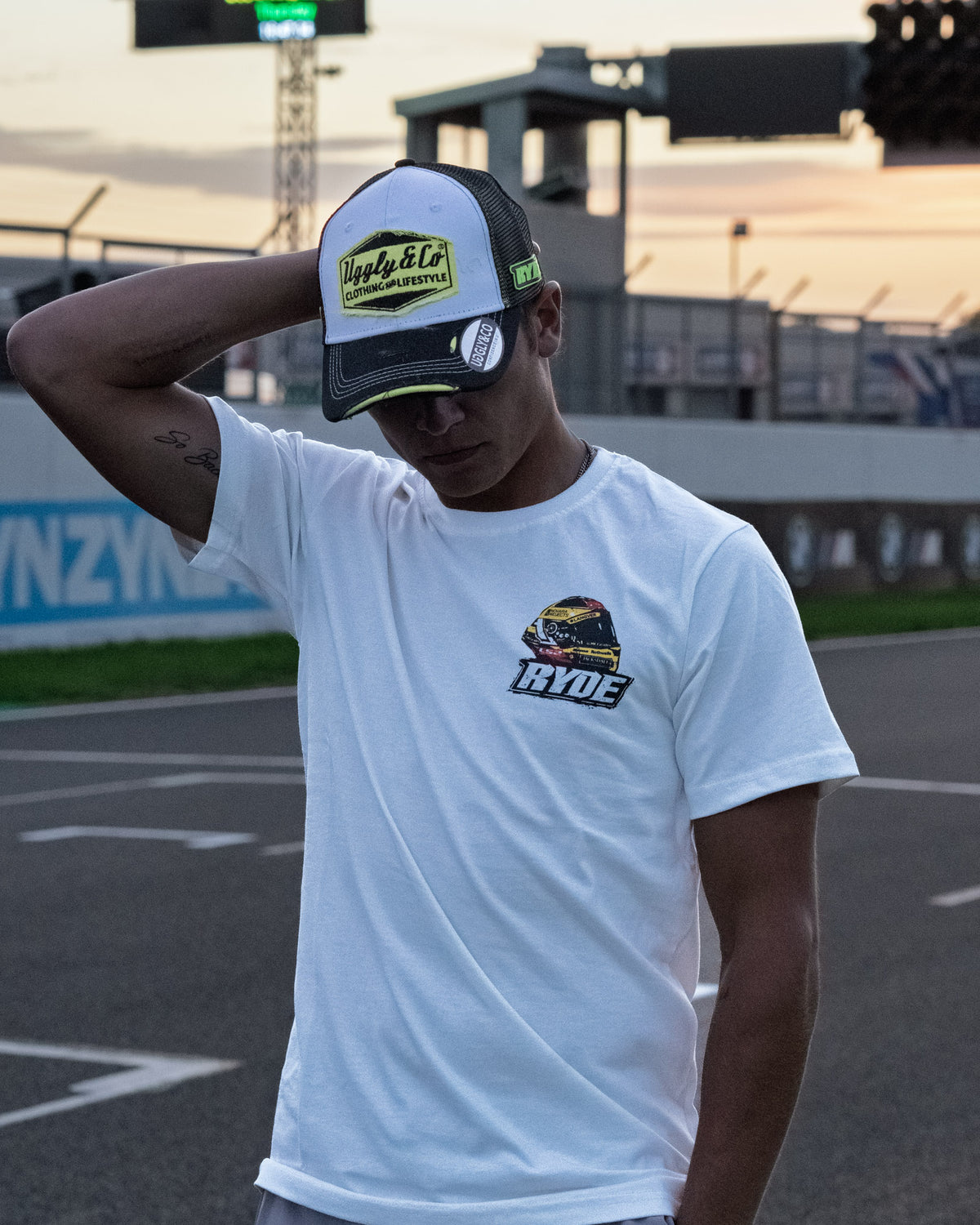 White Kyle Ryde 'Back to Back' T-Shirt in a motorcycle lifestyle setting