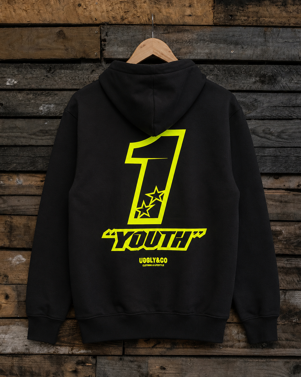 Back view of the black Kyle Ryde Core #1 Hoodie showing the rear Kyle Ryde Core #1 racing graphic.