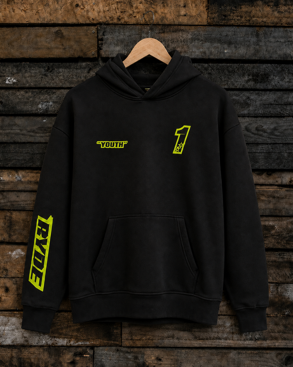 Front view of the black Kyle Ryde Core #1 Hoodie featuring Kyle Ryde racing graphics and Uggly & Co branding.