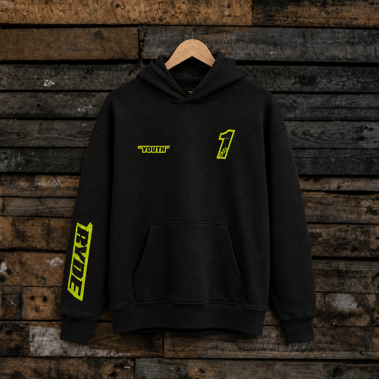 Front view of the black Kyle Ryde Core #1 Hoodie featuring Kyle Ryde racing graphics and Uggly & Co branding.