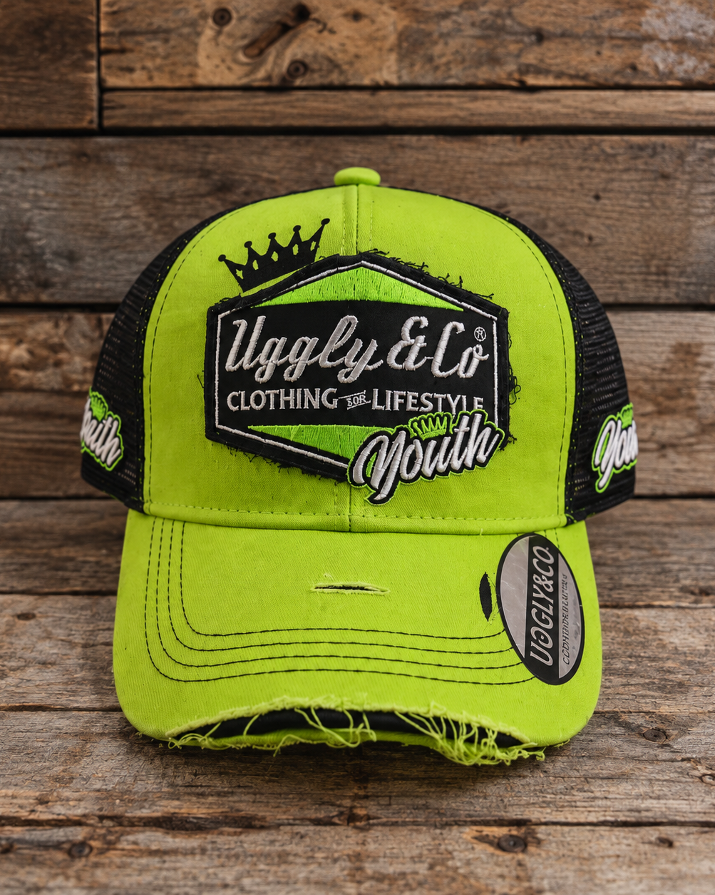 Front view of the limited edition Fluro Diamond Trucker Hat x Kyle Ryde #1: a fluro yellow cotton trucker cap with a diamond front patch and curved peak, official Kyle Ryde BSB merchandise.