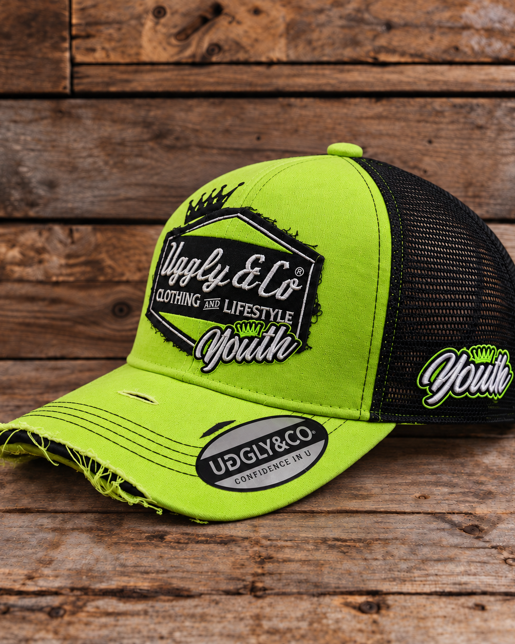 Side view of the Fluro Diamond Trucker Hat x Kyle Ryde #1, showing the fluro yellow crown, curved peak and adjustable back. Official Kyle Ryde merchandise.