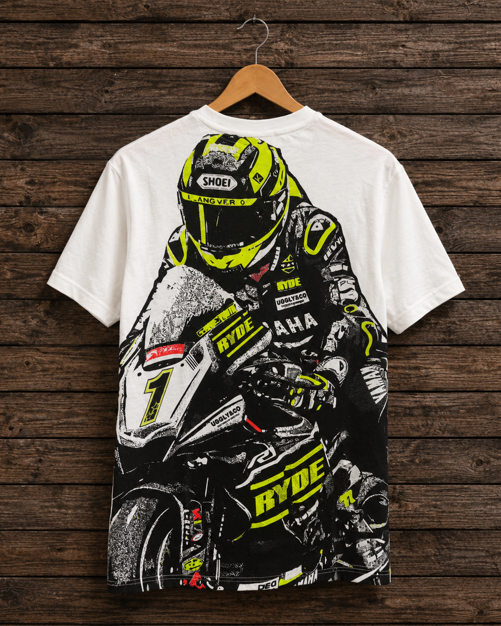 Back view of the Kyle Ryde white graphic T-shirt featuring a bold motorsport-inspired print