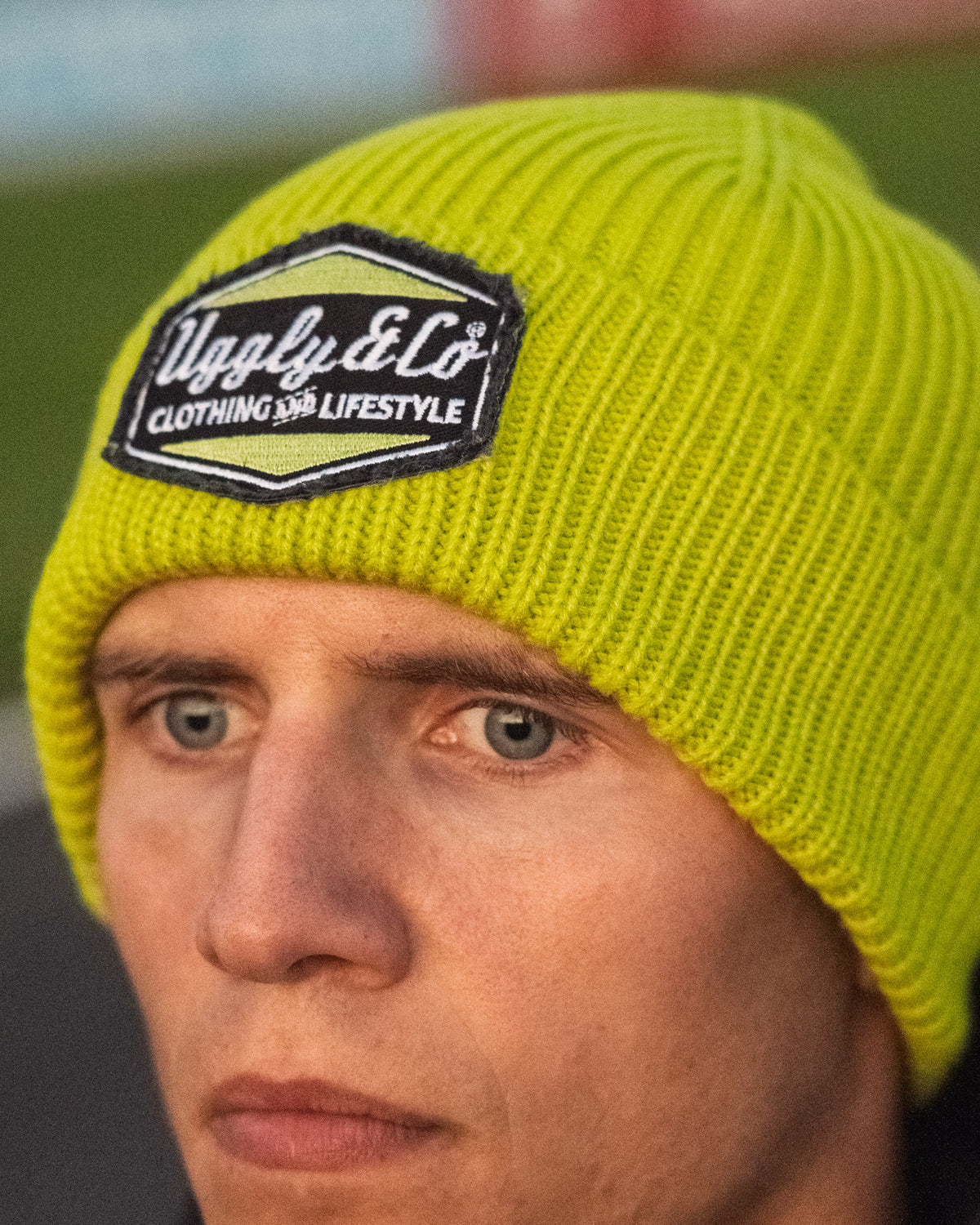 Yellow Kyle Ryde Beanie in a motorcycle lifestyle setting
