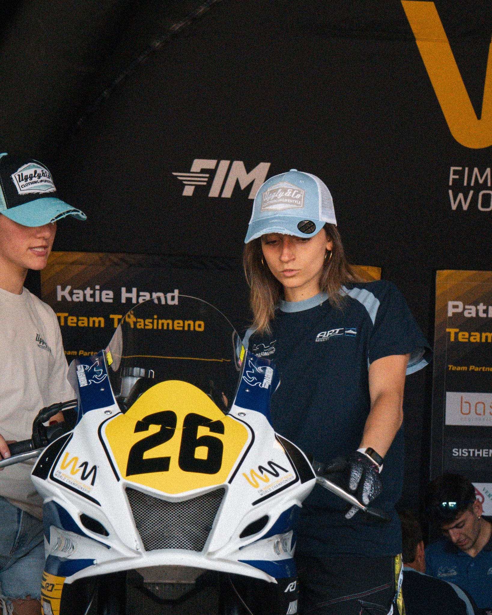 Light blue and silver Diamond trucker hat styled by Katie Hand in the race paddock
