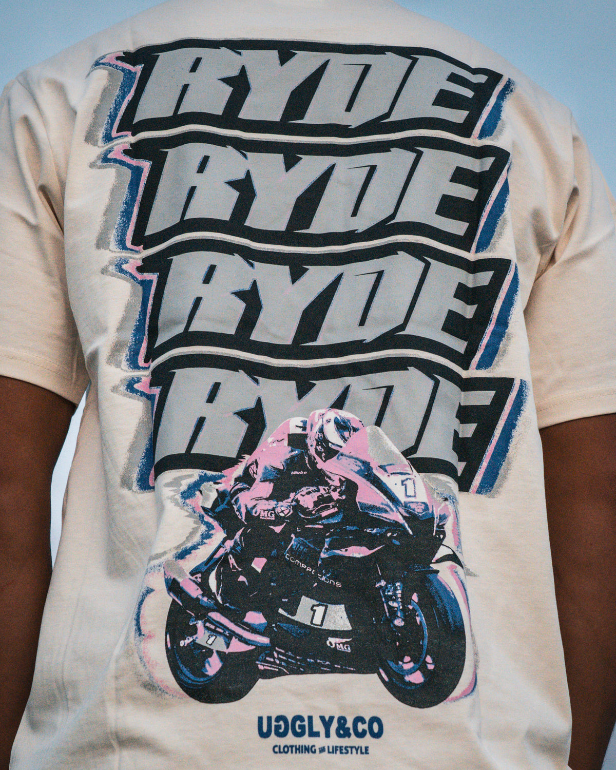low angle photo of back graphic on Kyle Ryde glitch tee