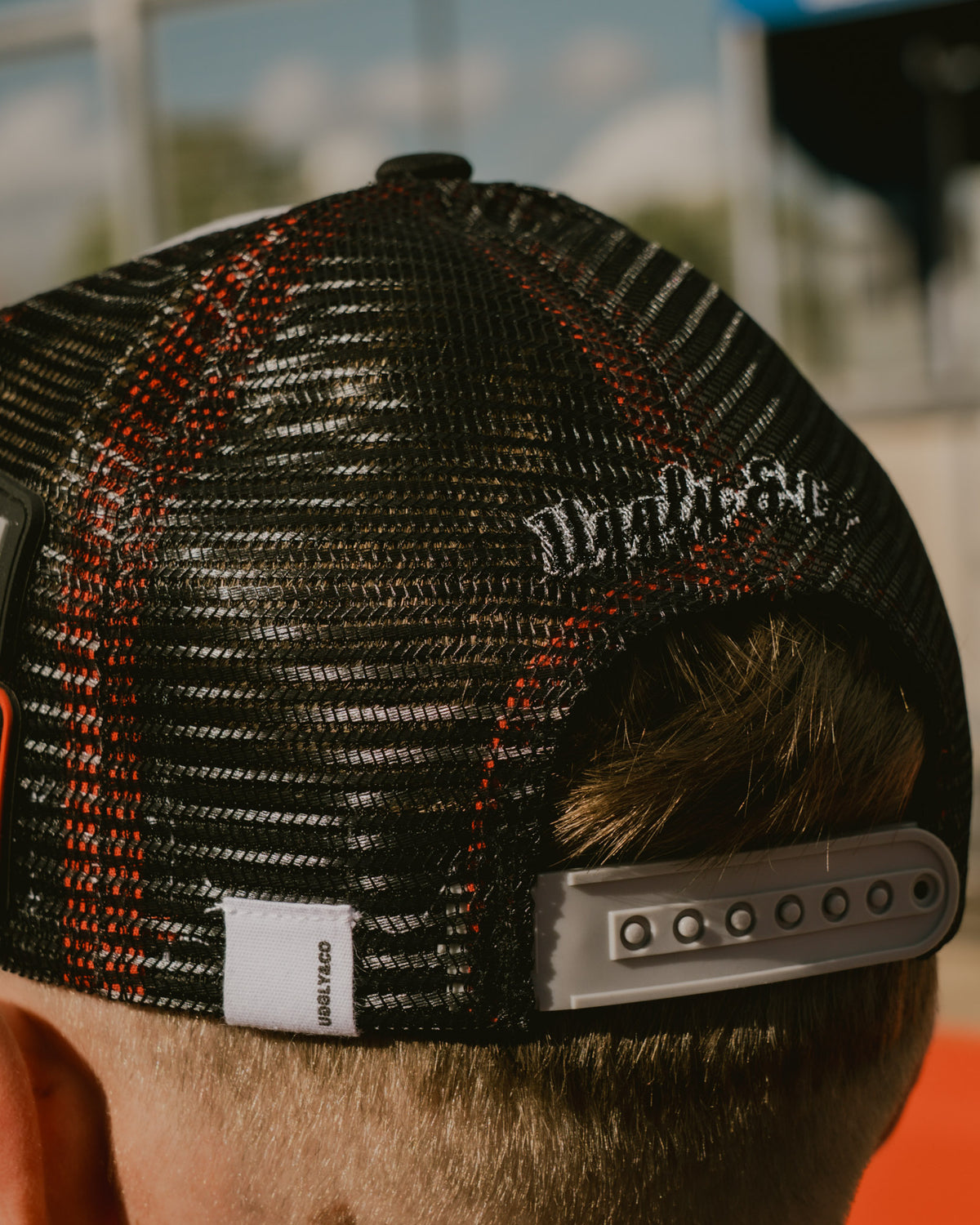 Close-up of the peak on the FS-3 Superbike Racing Trucker Hat worn by Max Cook