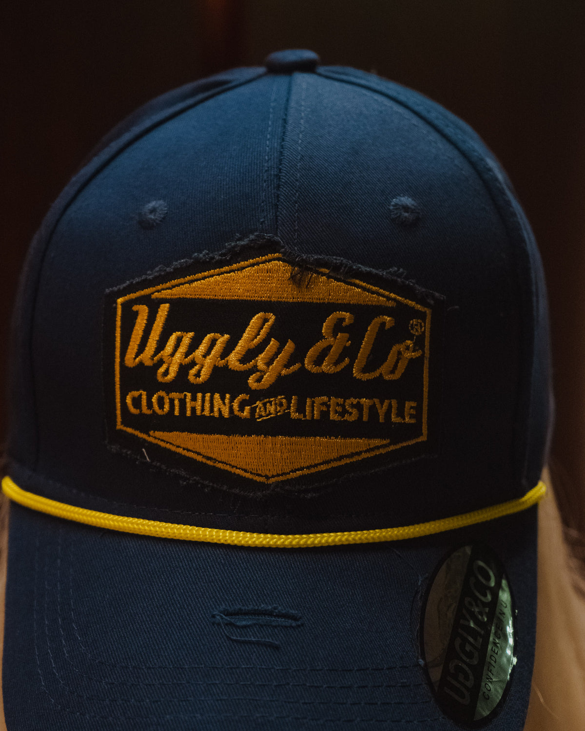 close up shot of Navy Blue & Yellow Rope Diamond Baseball Cap