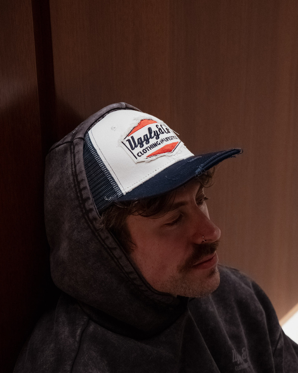 Navy Blue & White Diamond Trucker Hat worn by Wendigo