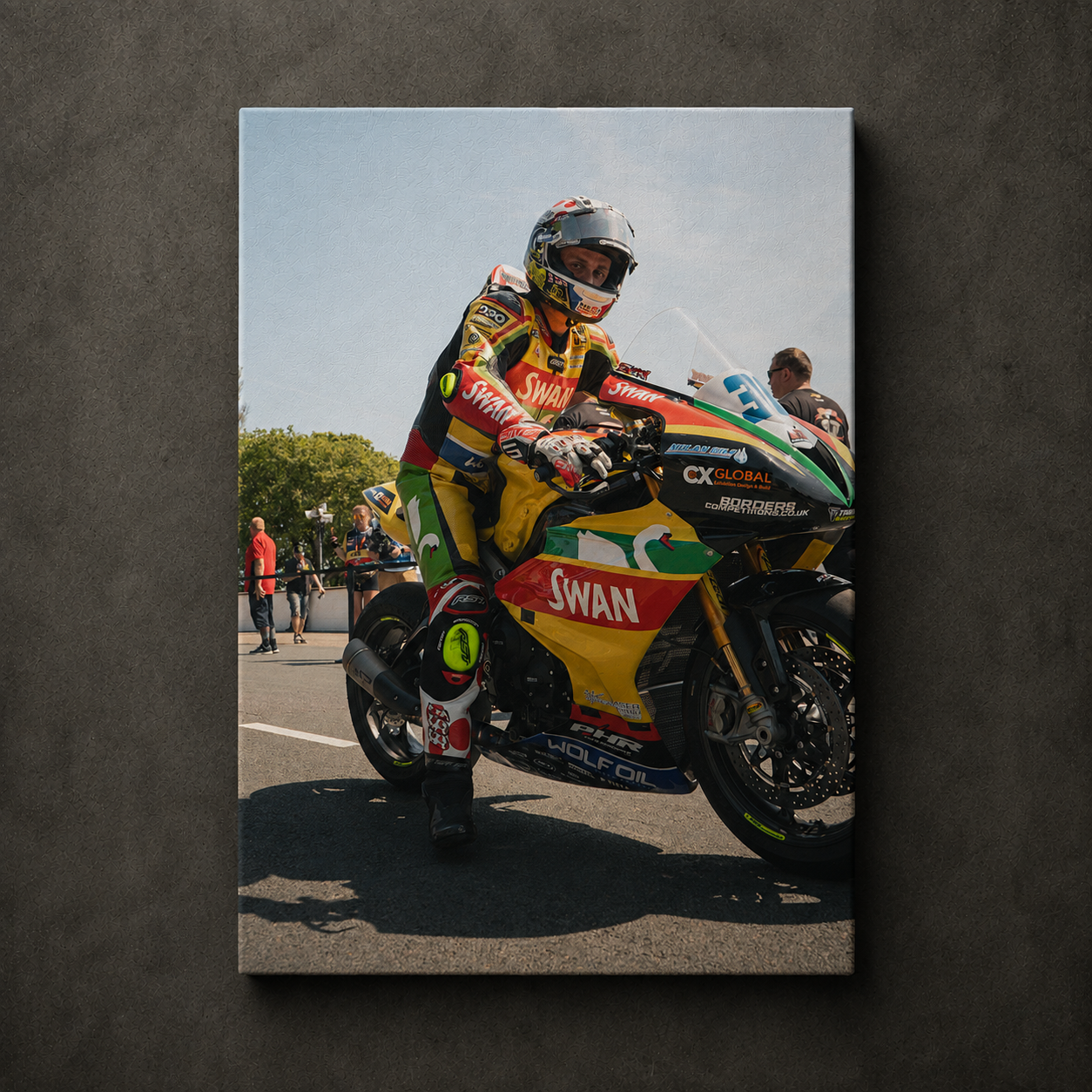 Pierre Yves Bian preparing on the Isle of Man TT grid before heading out onto the Mountain Course, shown as canvas wall art.
