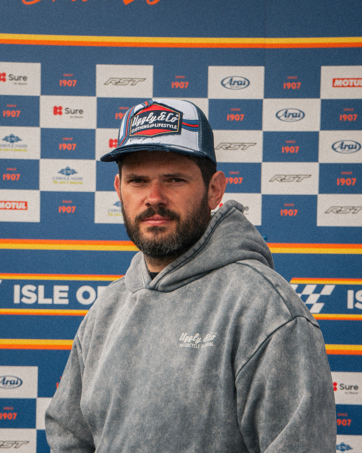 Retro Blue & Red Diamond Trucker Hat worn by Shaun Anderson