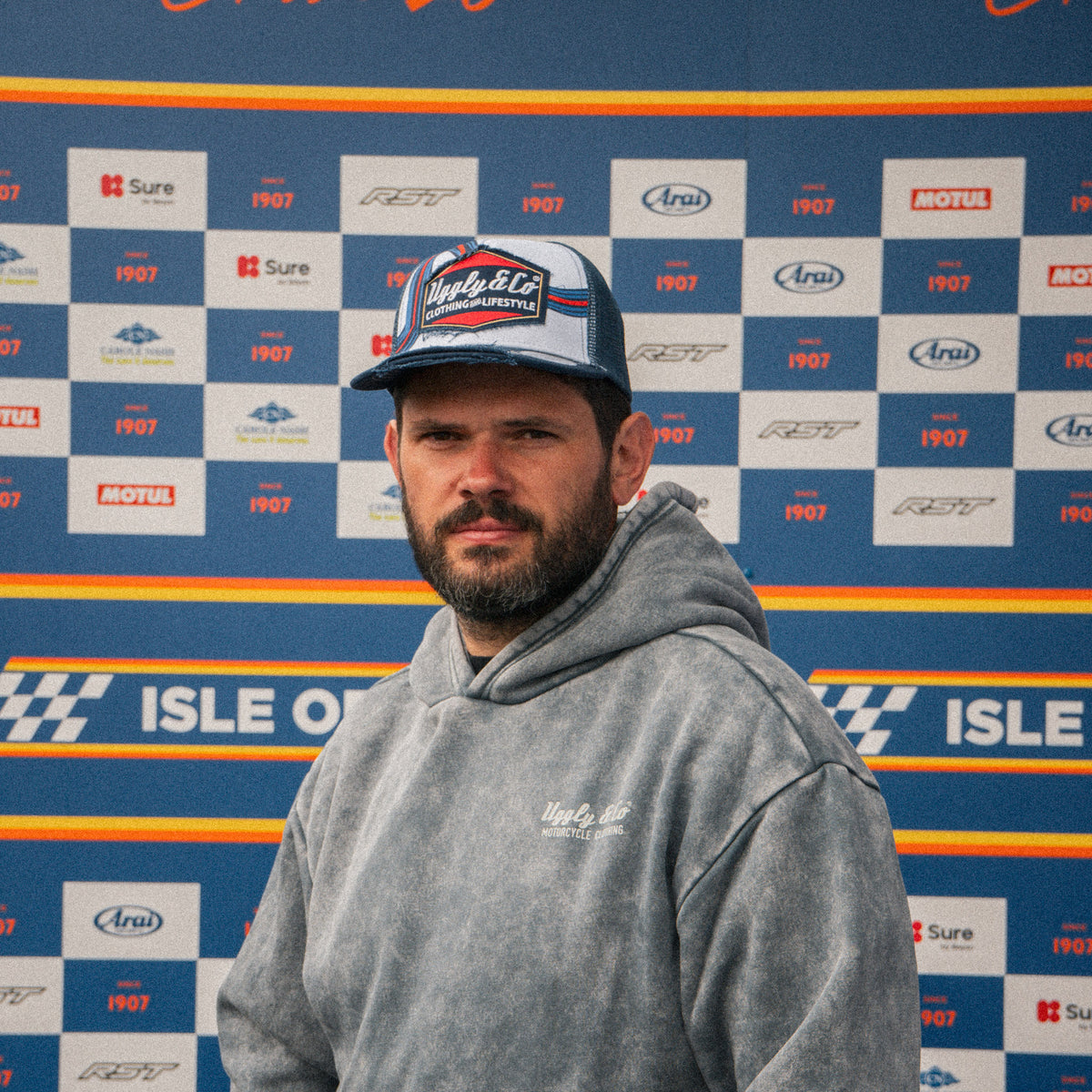 Retro Blue & Red Diamond Trucker Hat worn by Shaun Anderson