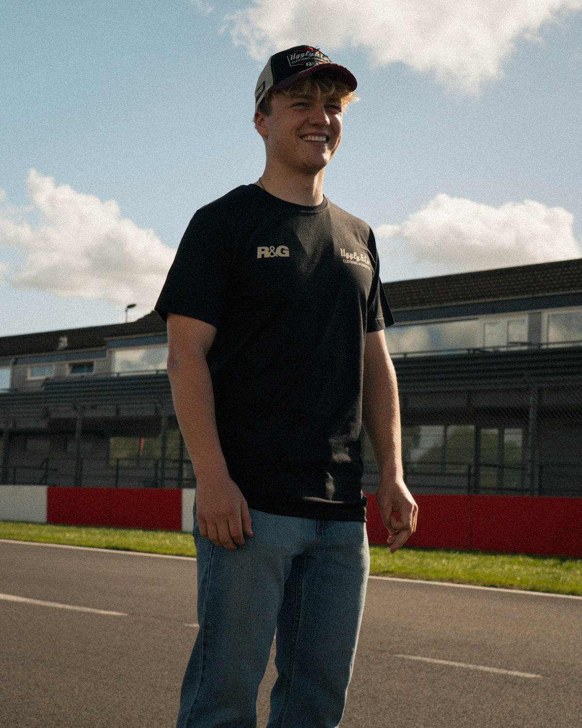 Front view of the R&G Crash Protection x Diamond T-Shirt worn by Rhys Irwin