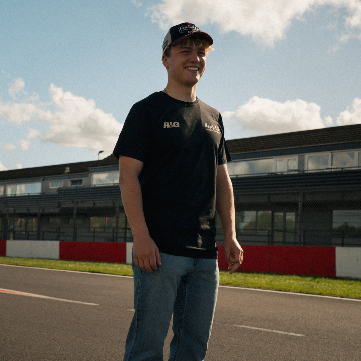 Front view of the R&G Crash Protection x Diamond T-Shirt worn by Rhys Irwin