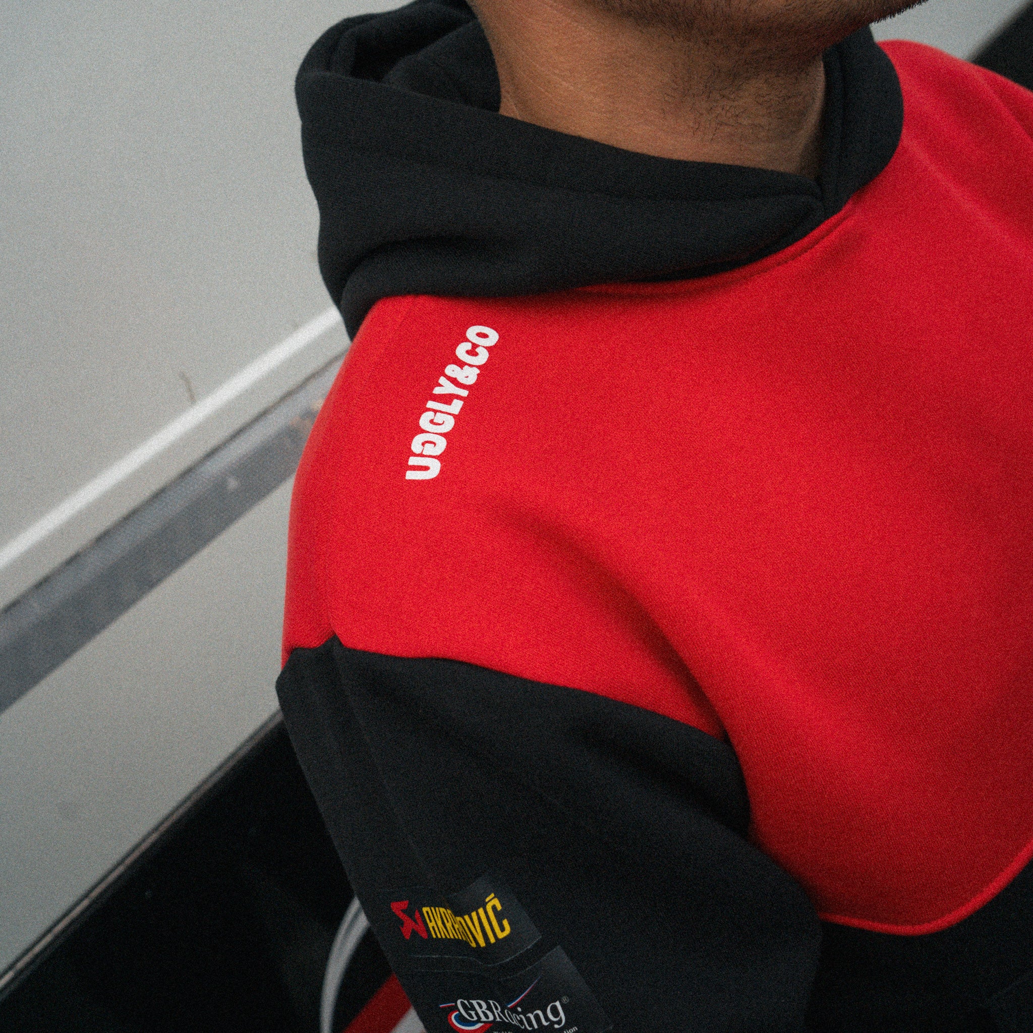 close up detail shot of scars racing hoodie