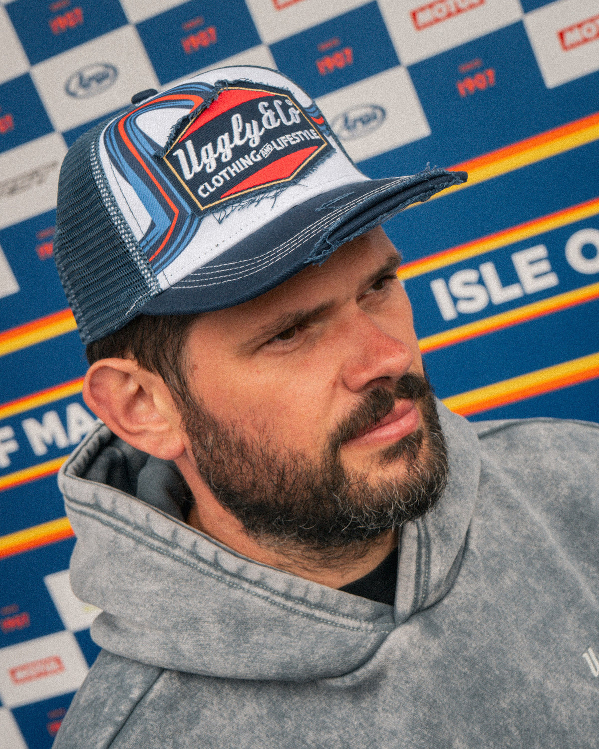 Shaun Anderson wearing the Retro Blue & Red Diamond Trucker Hat