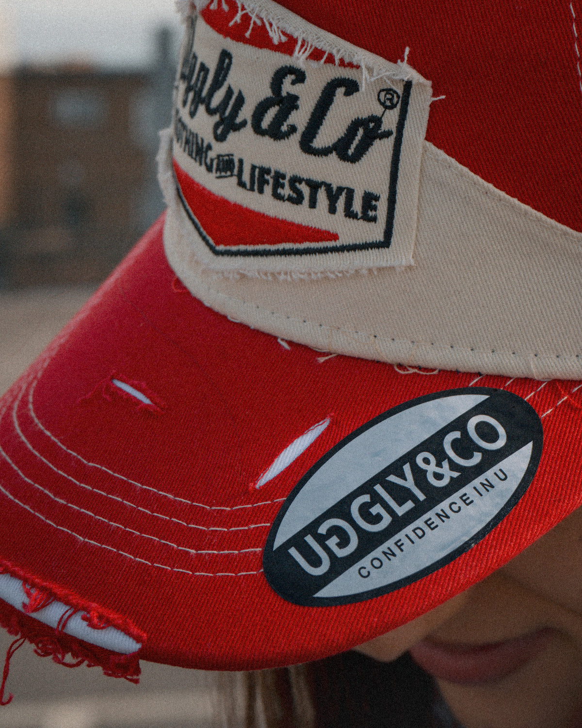 Close up detail of the Smokin’ Red Label Diamond Trucker Hat. Marlboro inspired cap