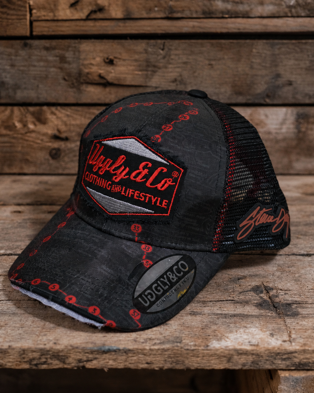 Steve Day ‘The Map’ x Diamond trucker cap by Uggly & Co, front view with map graphic and curved peak