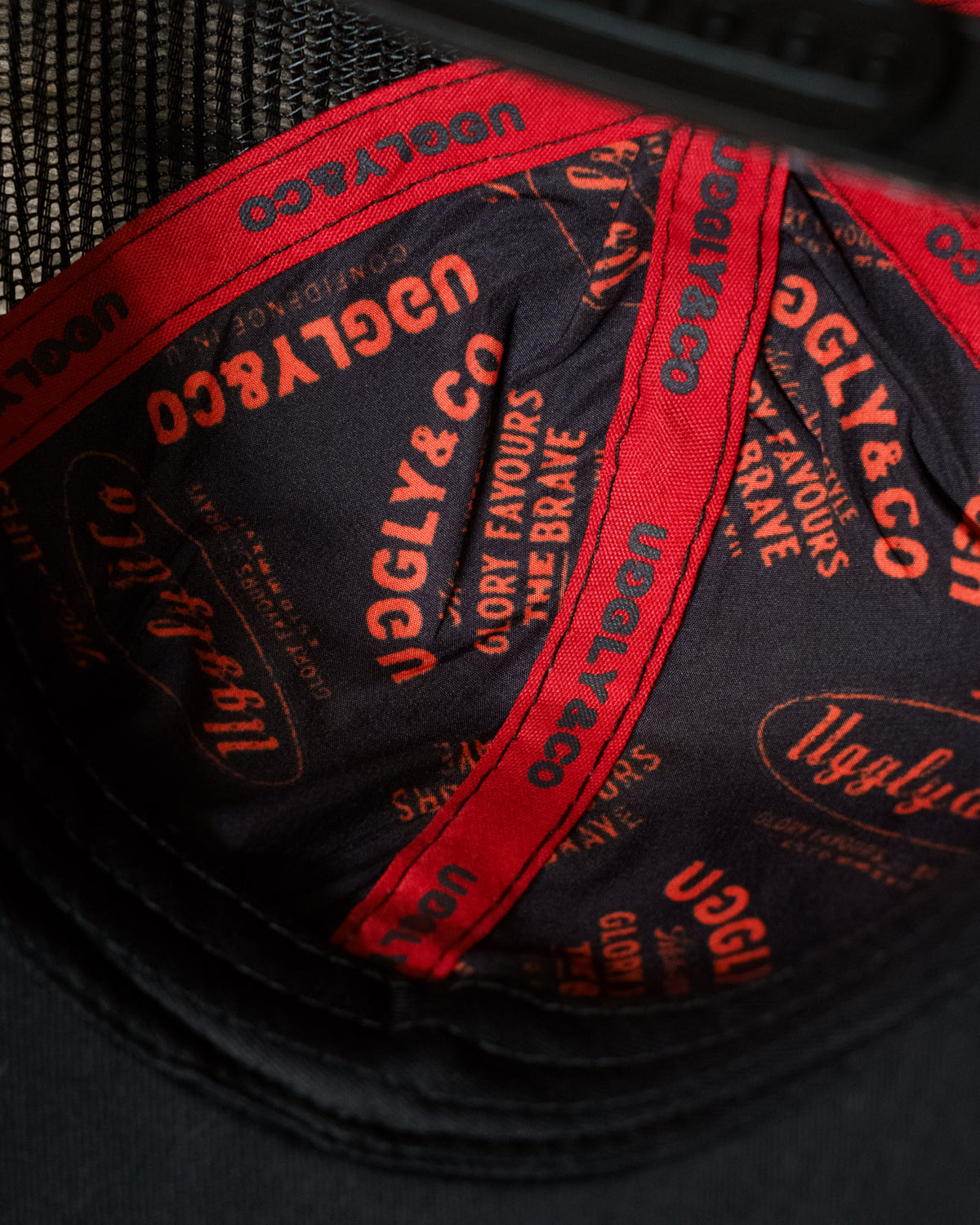Underside of the Steve Day ‘The Map’ trucker cap peak and inner sweatband