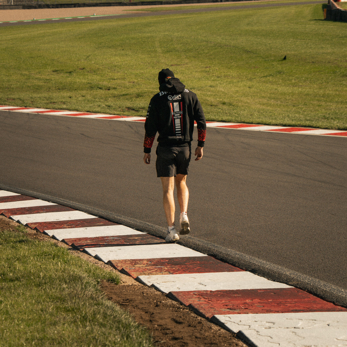 Storm Stacey wearing the Bathams Racing x AJN Steelstock Road Racing Hoodie at donnington park