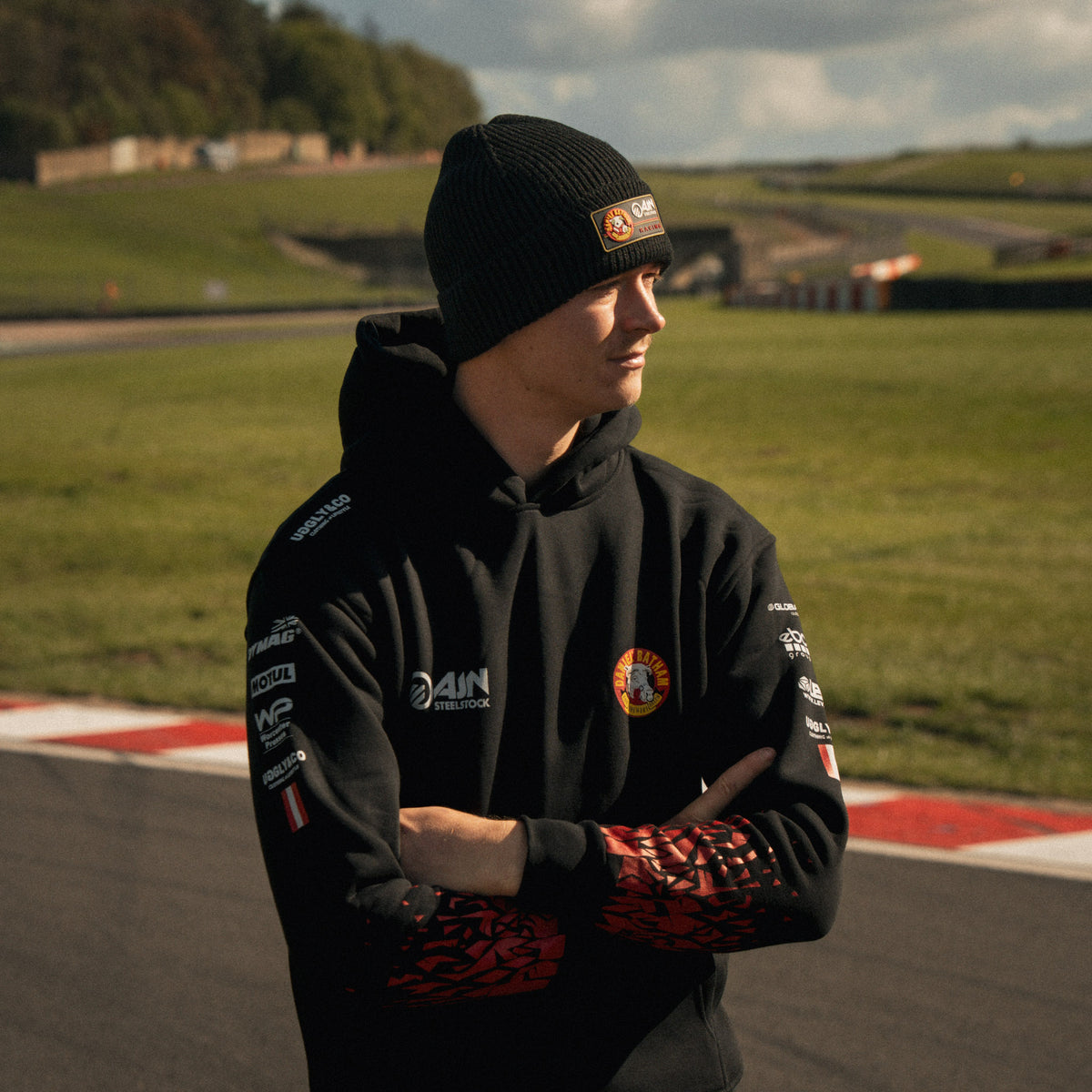 Side view of Storm Stacey wearing the Bathams Racing x Diamond Beanie
