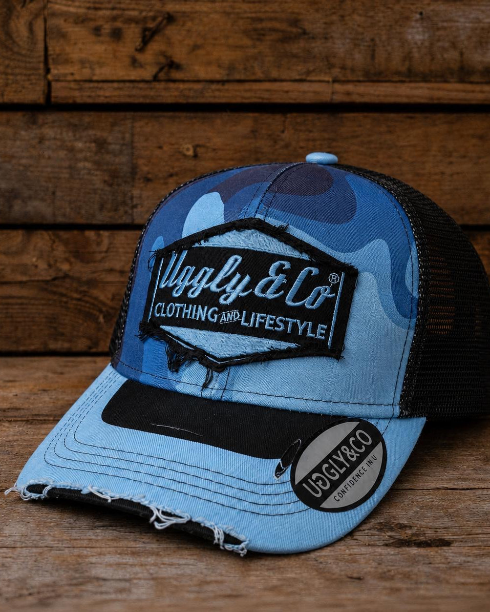 Blue motorcycle trucker cap featuring Two Stroke Smoker design